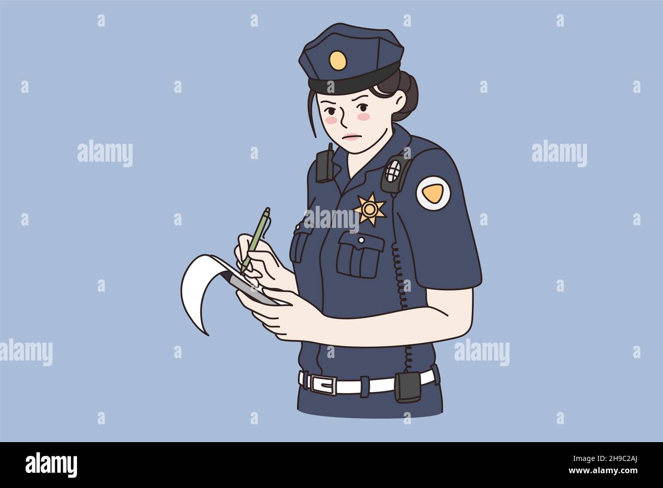 Working as policewoman and detective concept. Young serious woman wearing uniform and hat standing and making notes for work during investigation vector illustration  Stock Vector