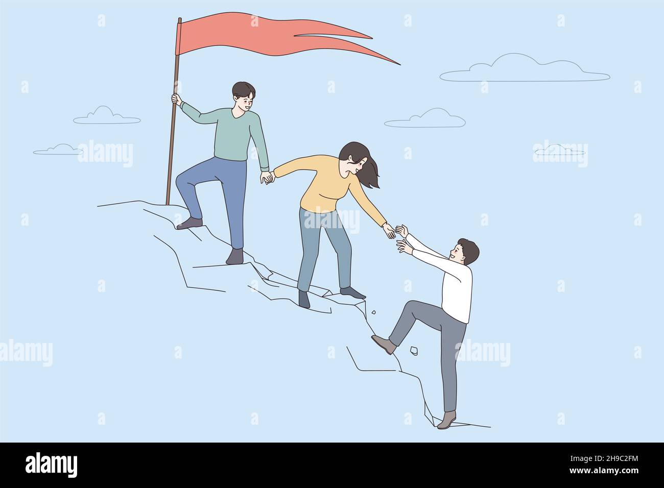 Teamwork, success and achievement concept. Group of Young coworkers helping each other to climb up mountain to reach red flag together vector illustration  Stock Vector