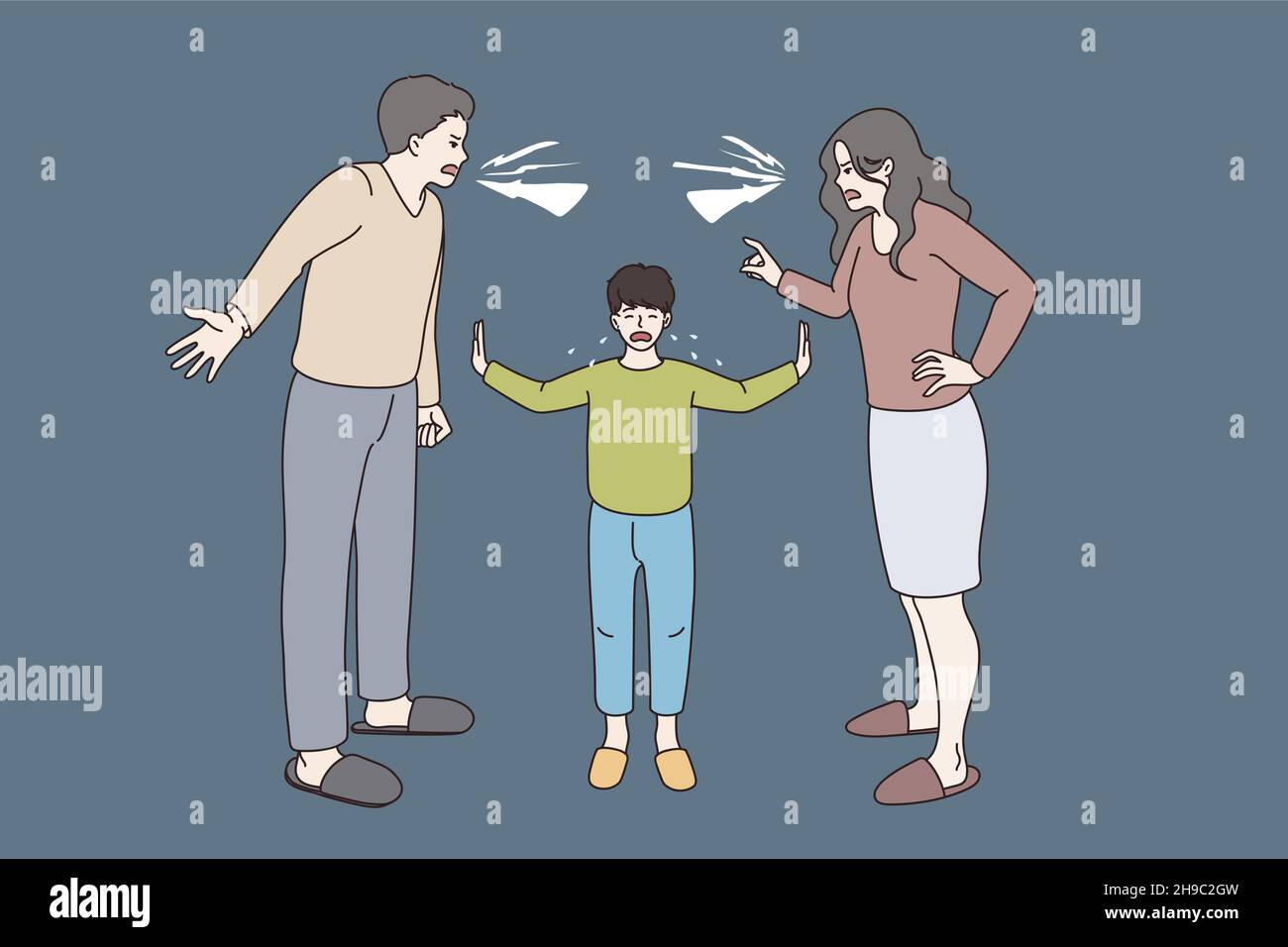 Conflict and fight in family concept. Small crying boy standing between two screaming angry parents trying to comfort them vector illustration  Stock Vector