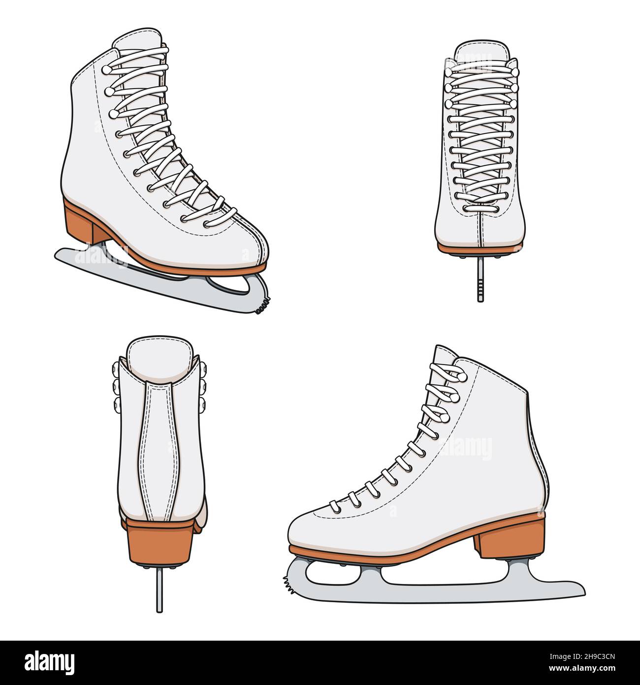 Set of color images with white skates for figure skating. Isolated vector objects on a white background. Stock Vector