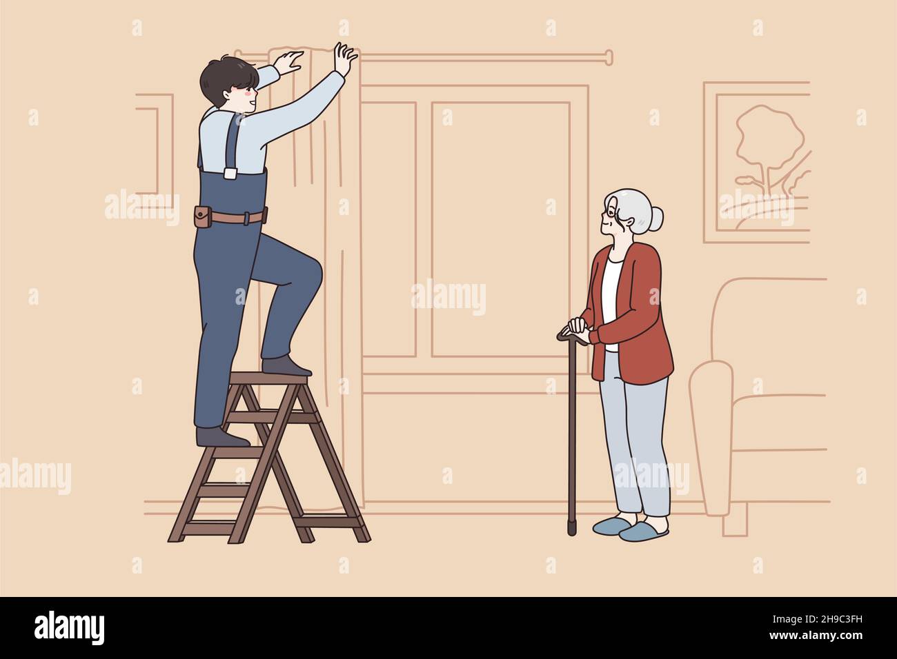 Repairing works and help concept. Young man worker repairman putting curtains to window helping elderly woman in her apartment vector illustration  Stock Vector