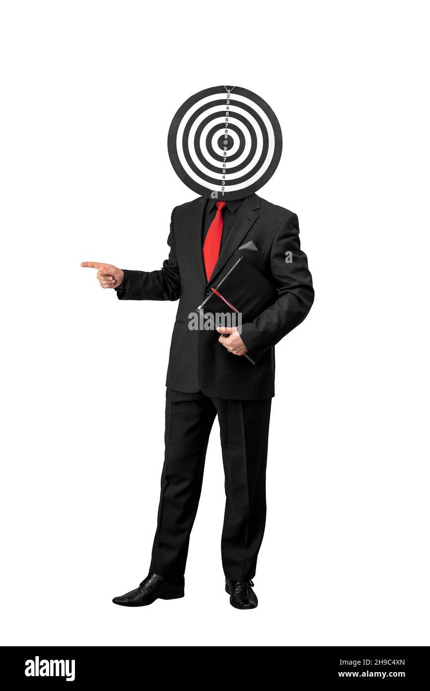image of a man in a suit and tie with a target on his head Stock Photo