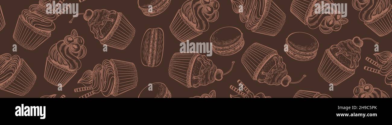 Seamless pattern with sketchy desserts on brown background. Doodle ...