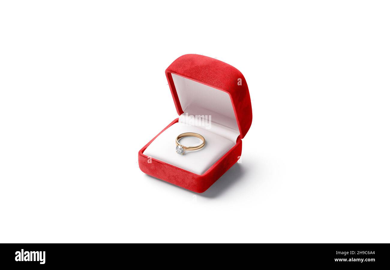 Blank red box with gold diamond ring lying mockup, isolated Stock Photo