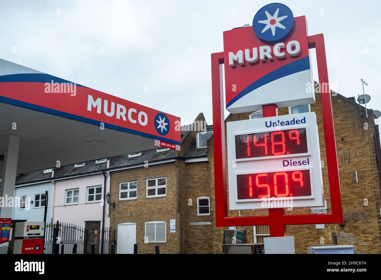 London-November 2021: Murco Petroleum fuel station forecourt with prices Stock Photo