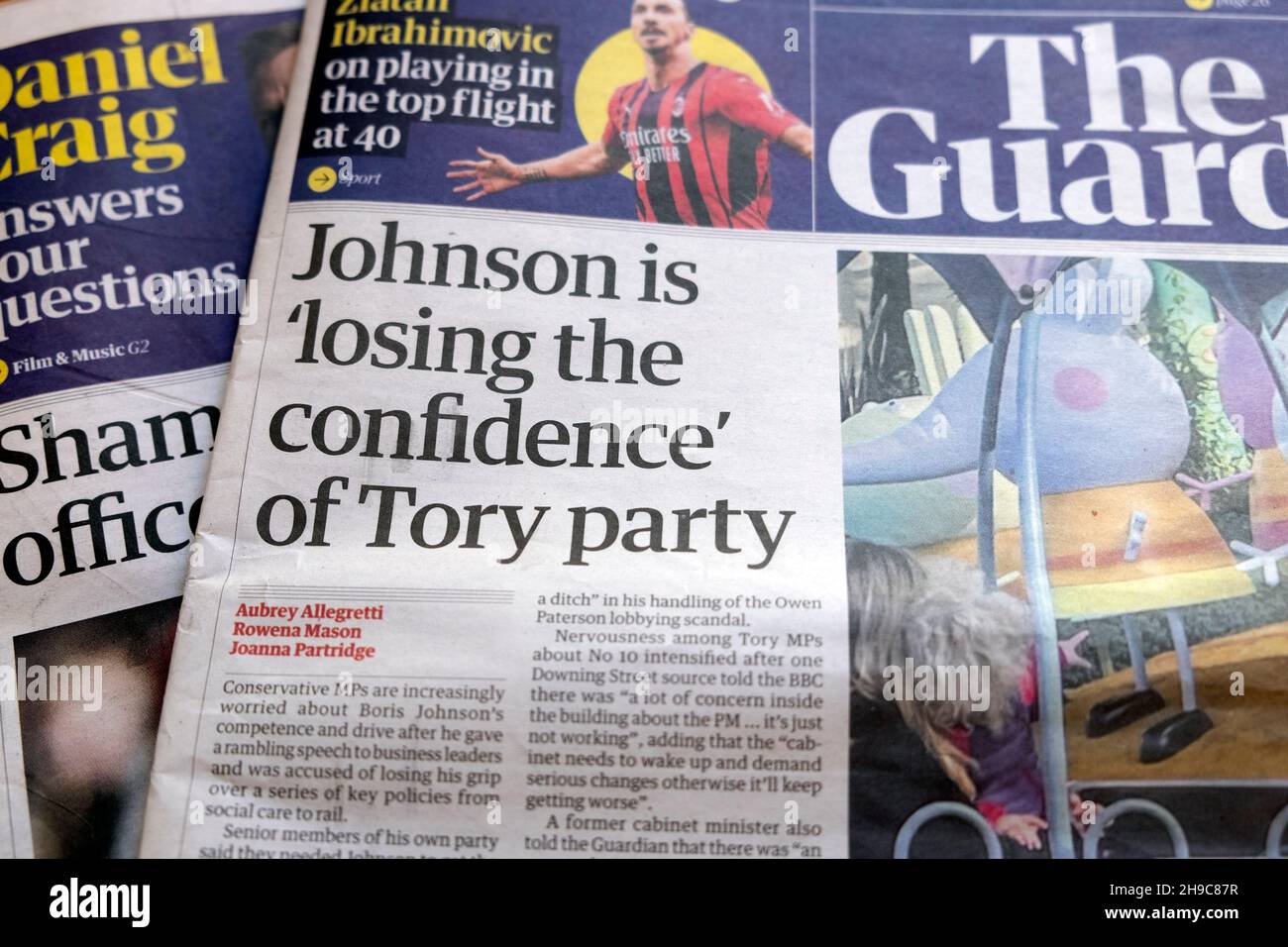 Boris 'Johnson is losing the confidence of Tory party' Guardian newspaper headline 10 Downing Street front page on 23 November 2021 London England UK Stock Photo