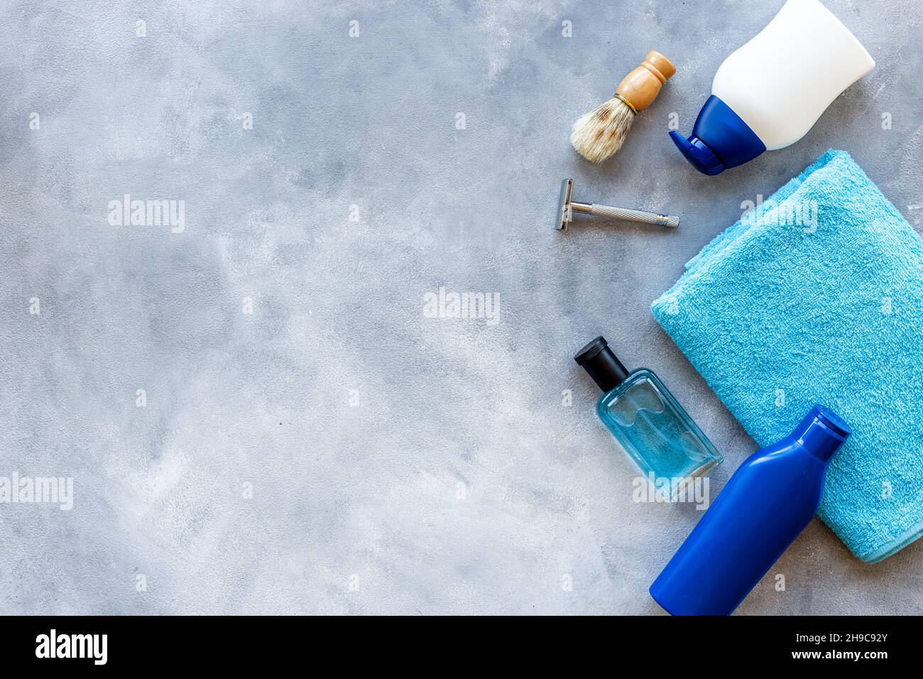 Flat lay of male cosmetic products for men body care grooming and