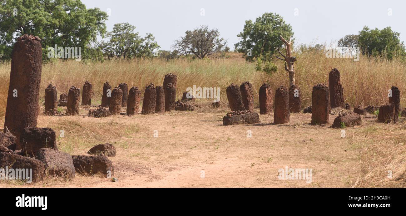 The stone circles of Senegambia at Wassu are a UNESCO World Heritage Site. The stones are believed to date from 300 BCE to the 1600s. Stock Photo