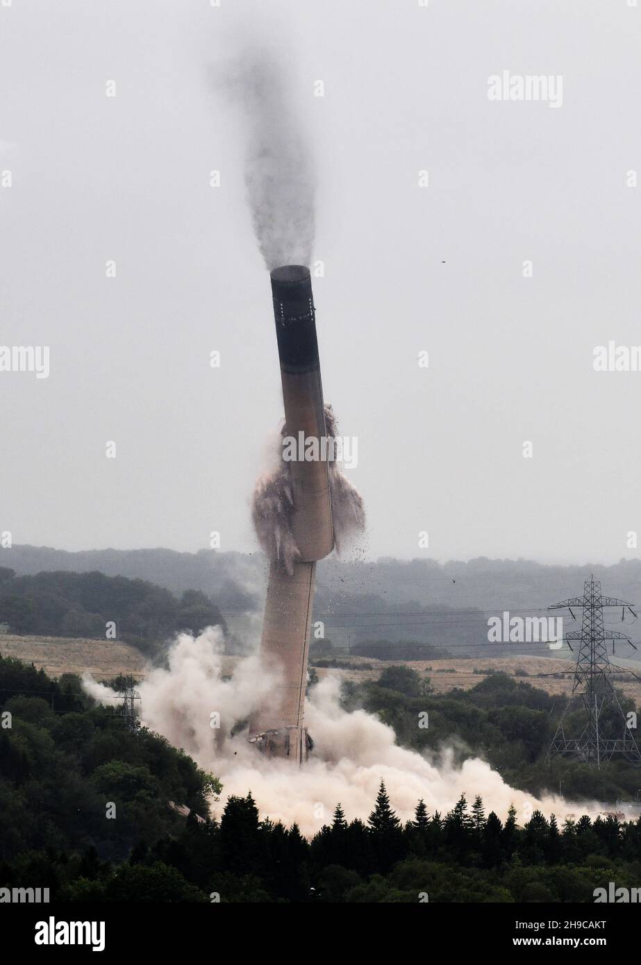 Buildwas Power Station chimney demolished with explosives 2021 Stock Photo