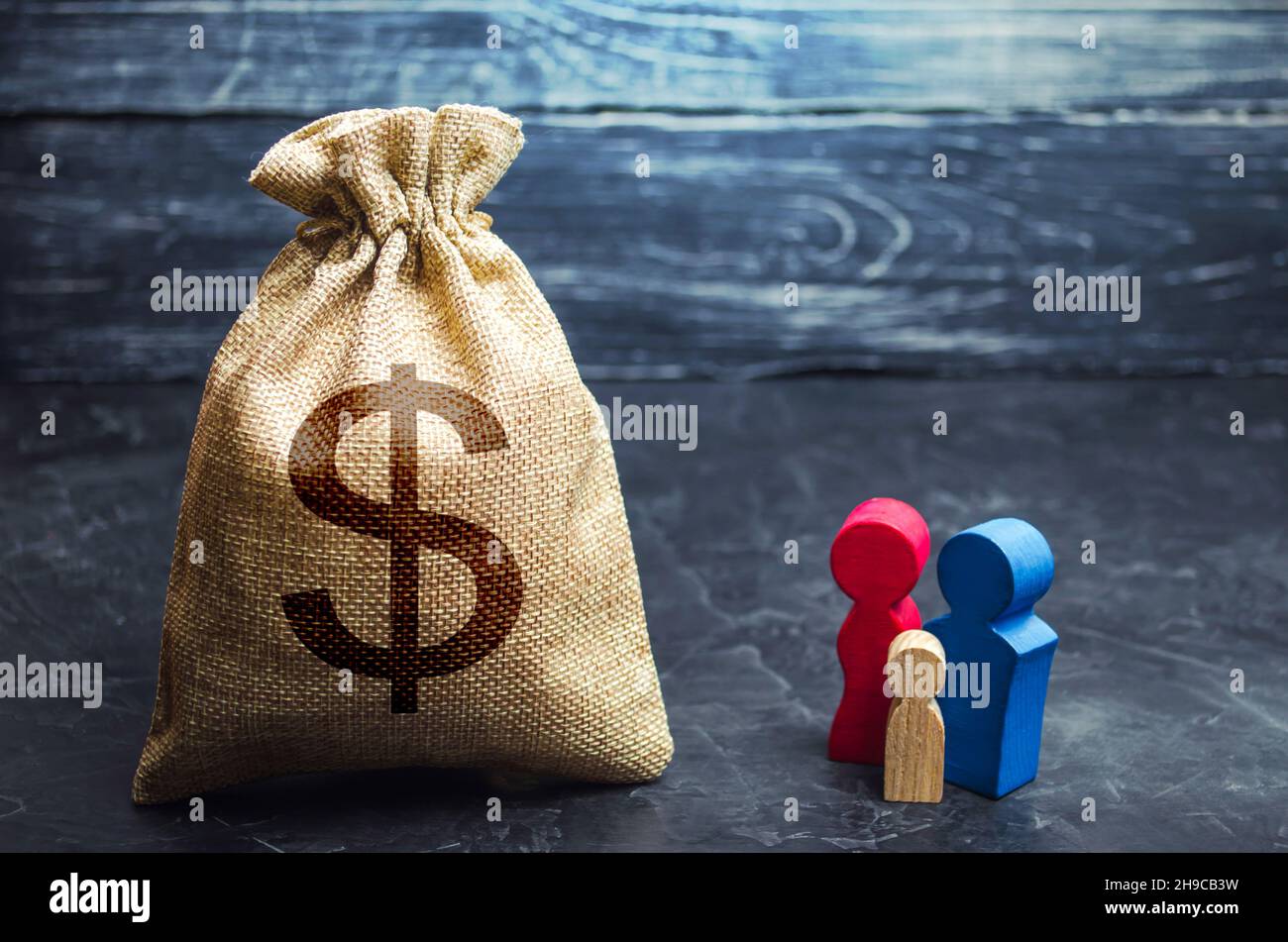 Family figurines and dollar money bag. Social assistance and support. Income level, budget. High debt. Social research, consumer preferences. Segmenta Stock Photo