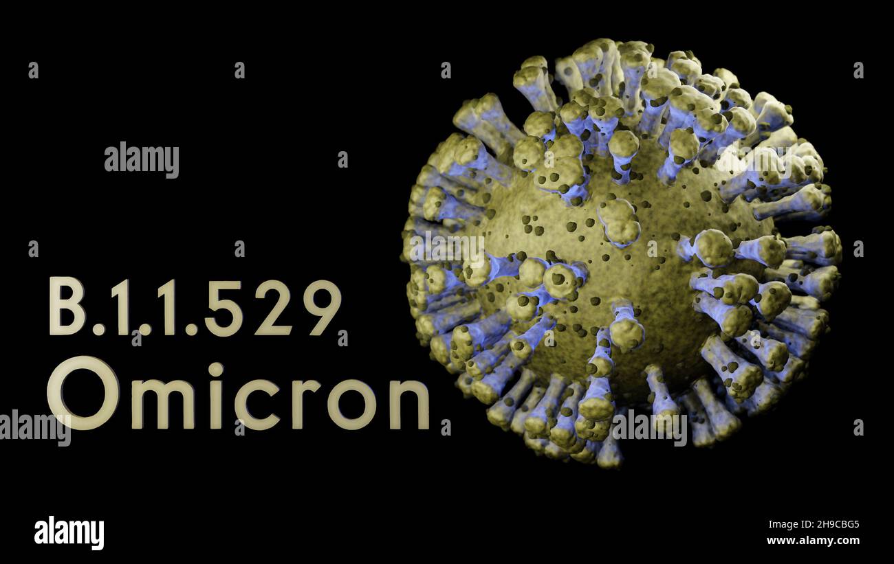 Illustration of B.1.1.529 Omicron variant Covid-19 green Coronavirus cell, visualization of sars-cov-2 model on black background Stock Photo