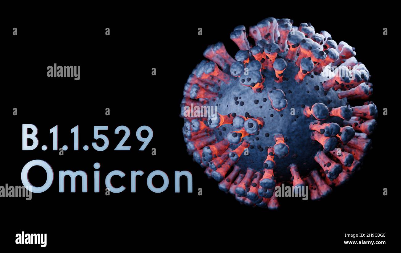 Illustration of B.1.1.529 Omicron variant Covid-19 Coronavirus cell, visualization of sars-cov-2 model on black background Stock Photo
