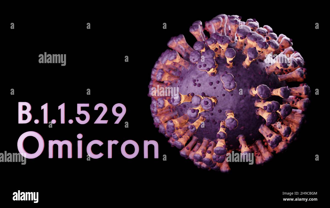 Illustration of B.1.1.529 Omicron variant Covid-19 Coronavirus cell, visualization of sars-cov-2 model on black background Stock Photo