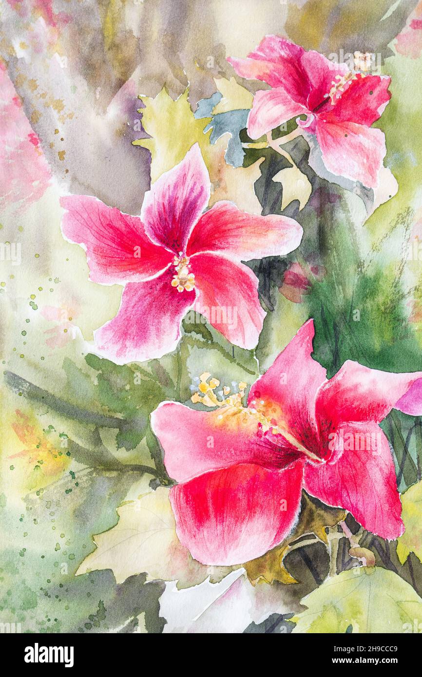 Pink flowers with leaves watercolor illustration Stock Photo - Alamy