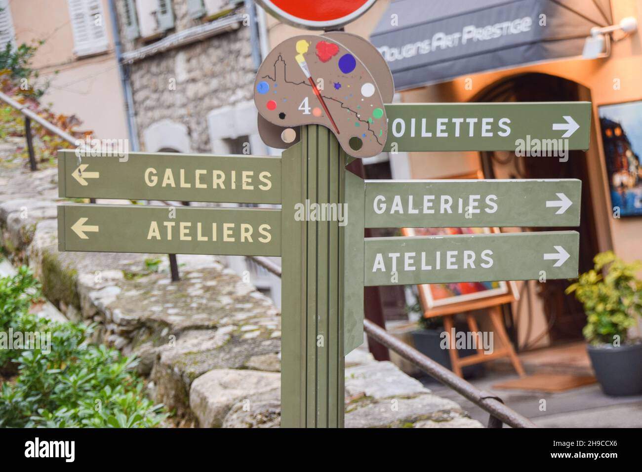 A sign showing ateliers and galleries in Mougins, South Of France. Stock Photo