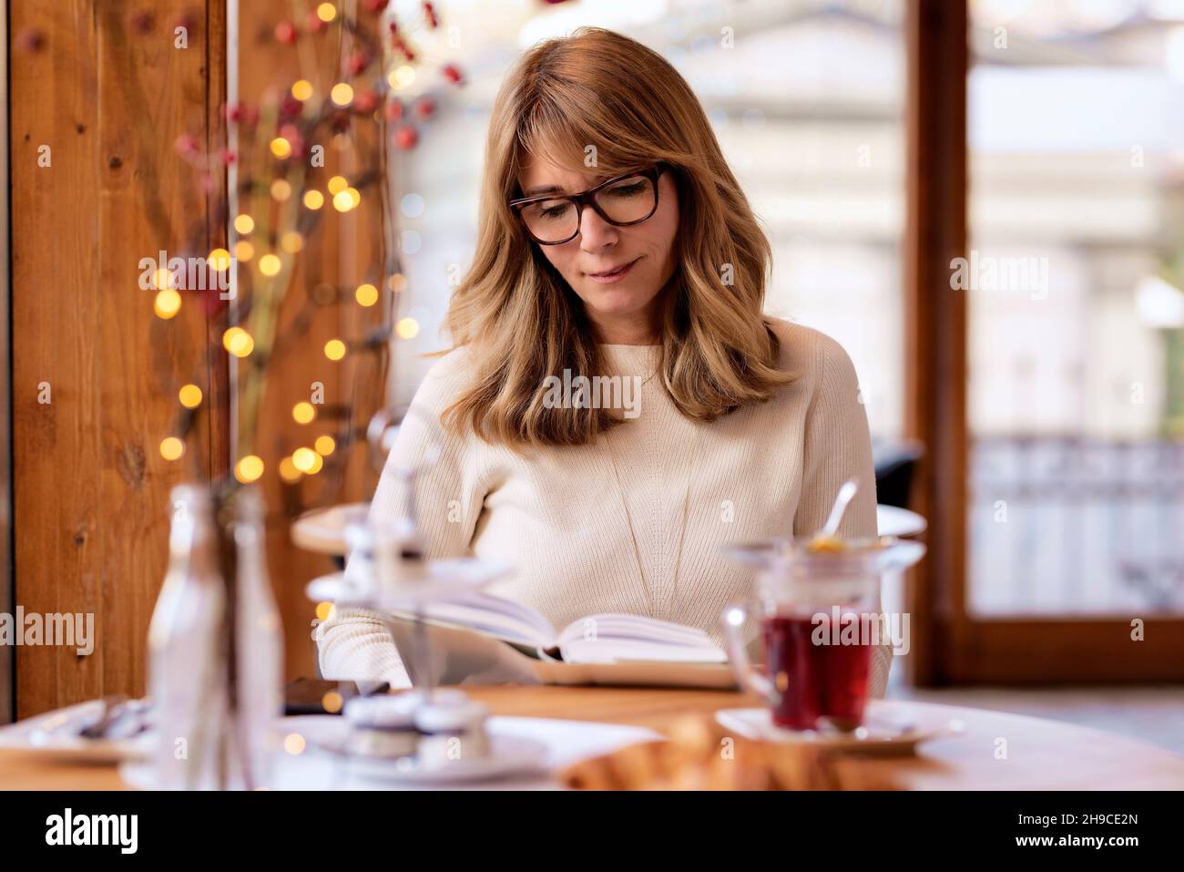 Portrait shot of smiling middle aged woman reading book while sitting ...