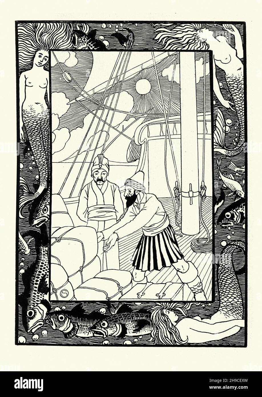 Vintage illustration from Second voyage of Sinbad the Sailorm Mermaids, Fish. William Strang Stock Photo