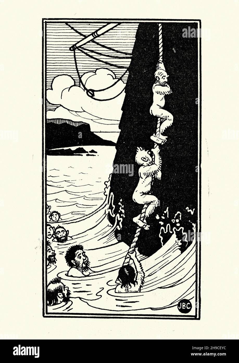 Vintage illustration from Third voyage of Sinbad the Sailor, climing rope out of the sea. Joseph Benwell Clark Stock Photo