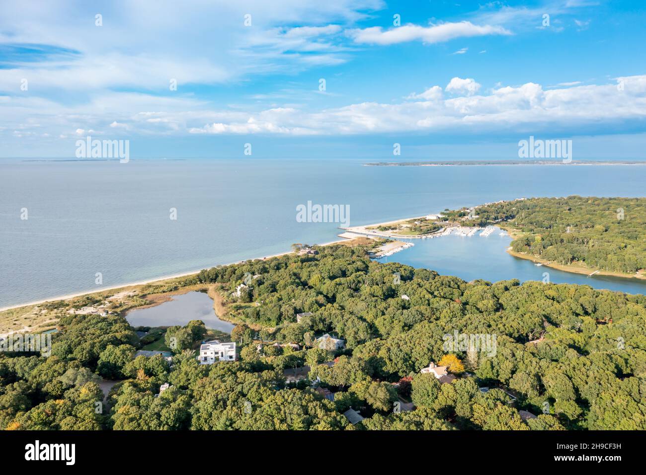 Aerial view of Lions Head and Clearwater Beach, East Hampton, NY Stock Photo