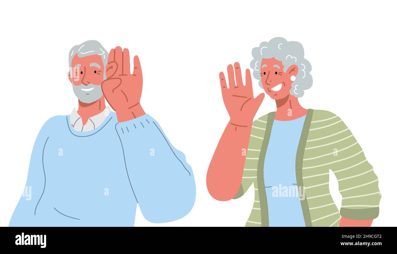Old lady whispering something to her retired man.Vector flat illustration.  Stock Vector