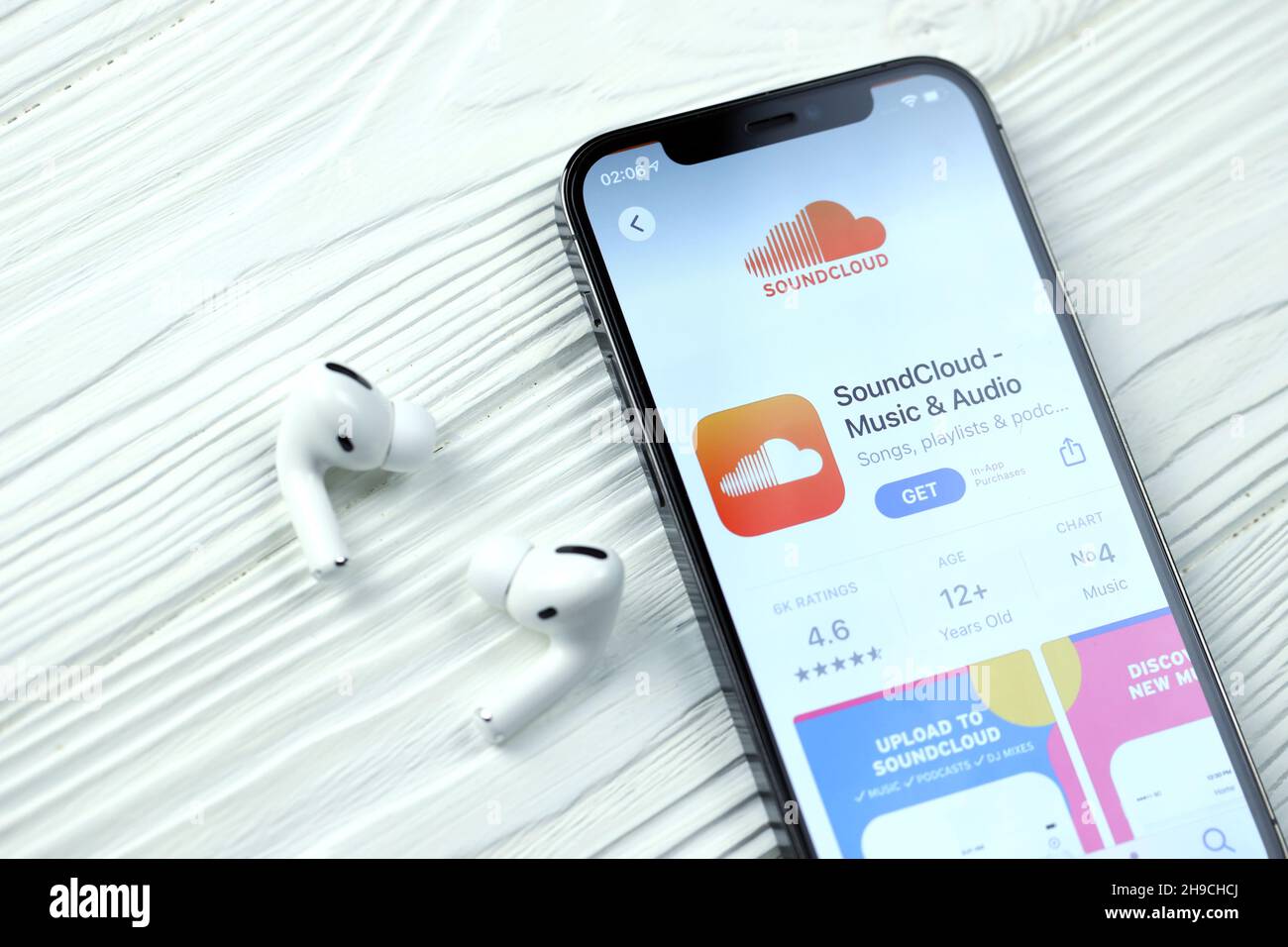 KHARKOV, UKRAINE - MARCH 5, 2021: Soundcloud icon and application from App  store on iPhone 12 pro display screen with airpods pro on white wooden tabl  Stock Photo - Alamy