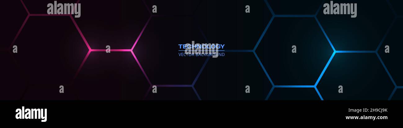 Black hexagon technology abstract wide background with pink and blue ...