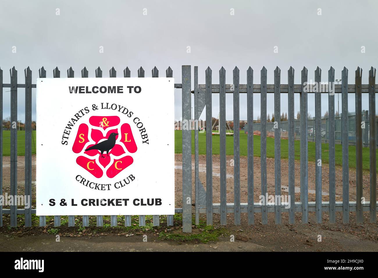 Welcome sign to Stewarts & LLoyds cricket club, Corby, England. Stock Photo