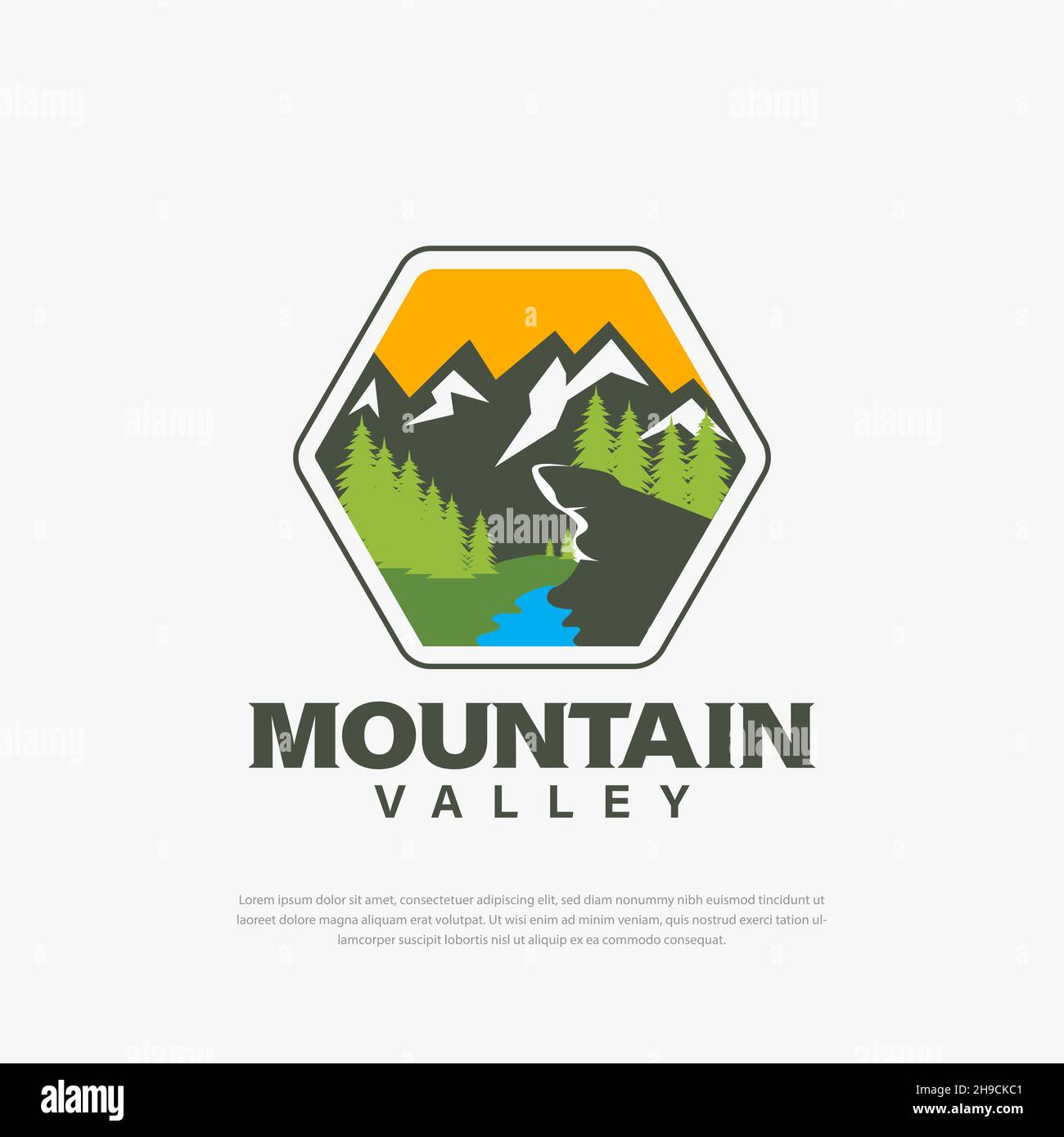 Illustration of mountain outdoor adventure in flat colored natural valley.Hexagon badge vector. Outline design framework. Landscape icon. Landscape li Stock Vector