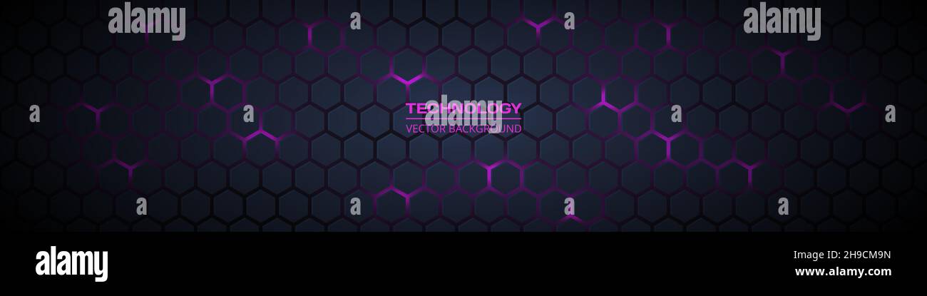 Dark gray and purple horizontal hexagonal technology abstract wide vector background. Stock Vector
