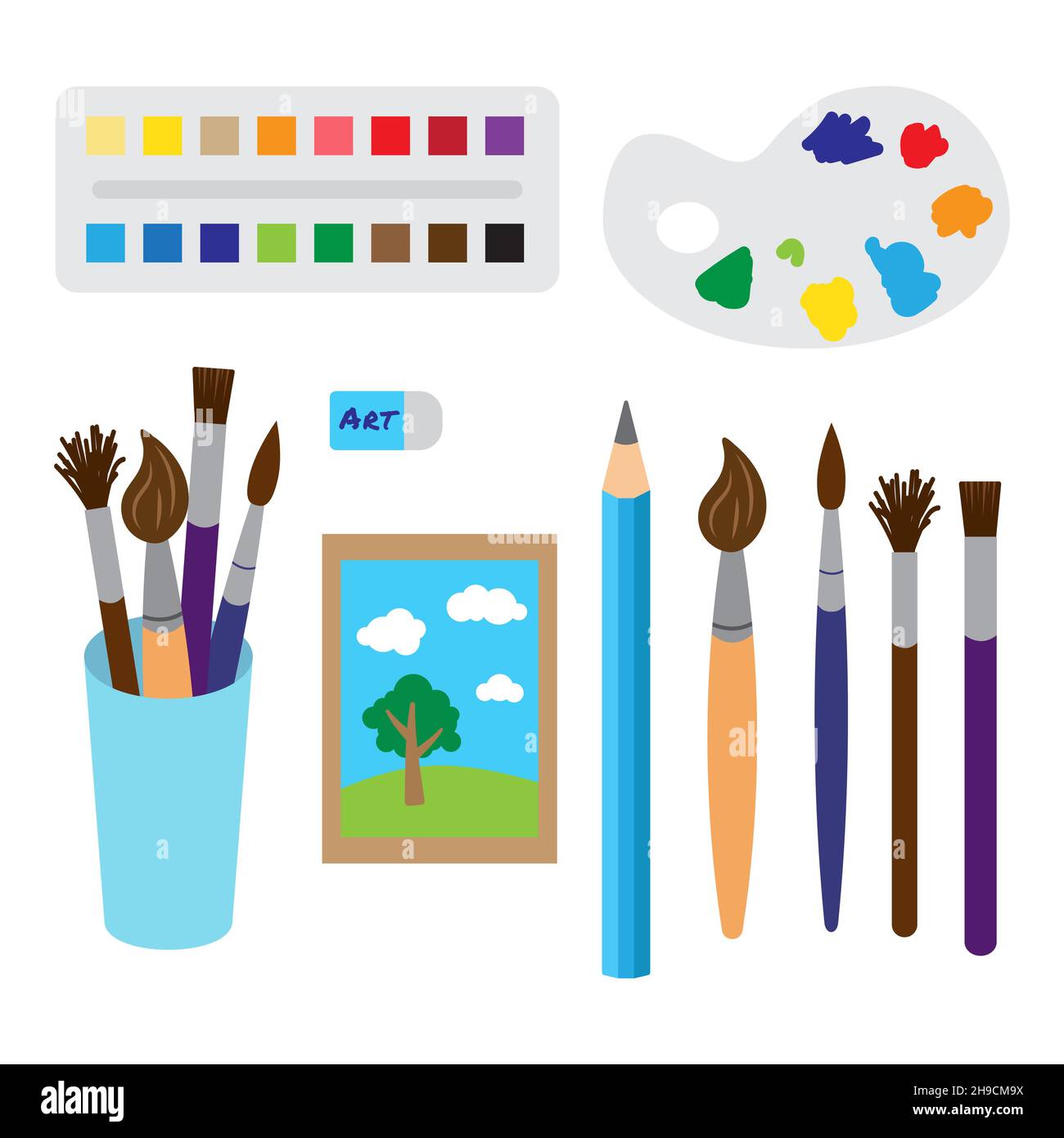 Cute Set Of Art Supplies In Flat Style Isolated Stock Illustration -  Download Image Now - Paintbrush, Paint, Pencil - iStock