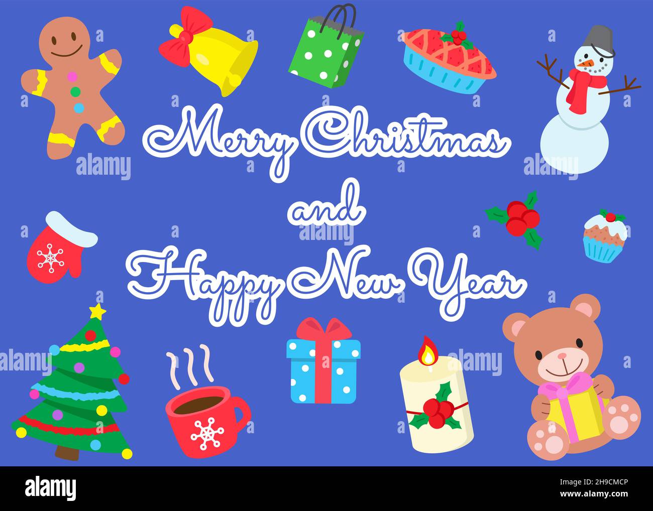 Merry Christmas and Happy New Year greeting card with different design elements. Set of winter holidays prints and clip arts. Illustration for Stock Vector