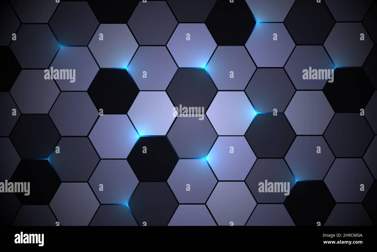 Grey hexagon vector abstract background with blue colored lights Stock Vector