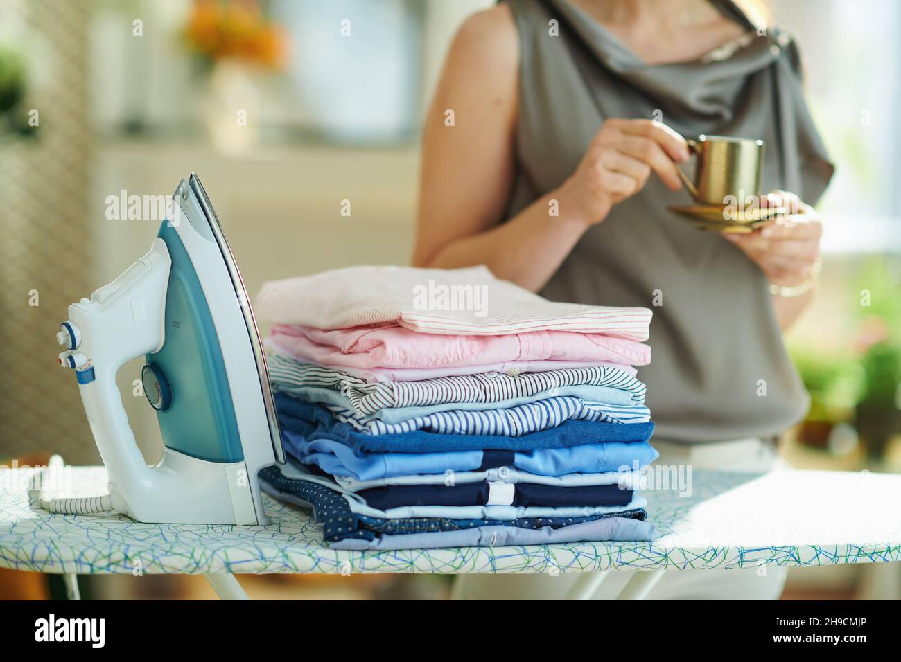 Stylish housewife in silk blouse and beige pants with steam iron