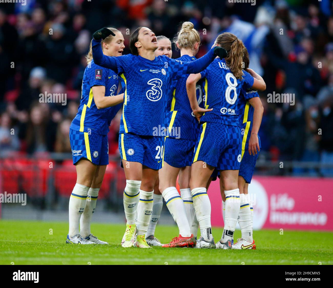 LONDON, England - DECEMBER 05: Chelsea Women Sam Kerr  celebrates her goal during Vitality Women's FA Cup Final 2021 between Arsenal and Chelsea at We Stock Photo