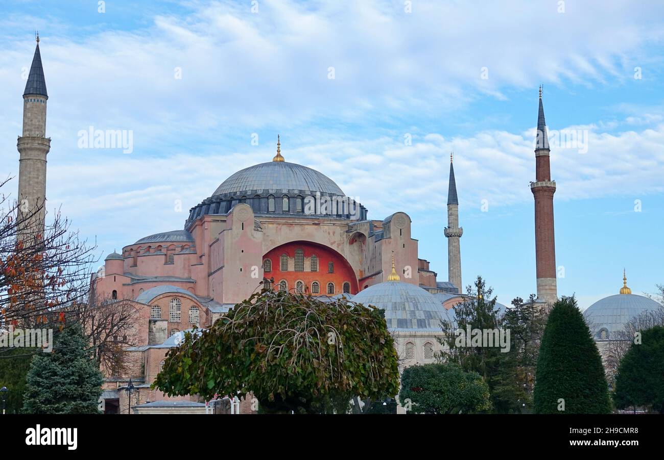 ISTANBUL / TURKEY - DEZEMBER 10, 2019: Ayasofya Museum (Hagia Sophia) in Sultan Ahmet park in Eminonu, Istanbul, Turkey Stock Photo