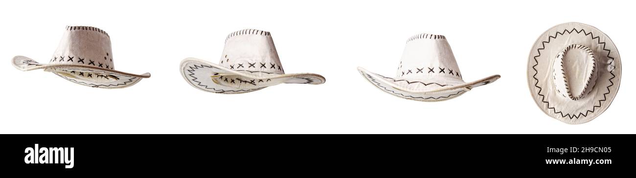 set White classic wide brim cowboy hat in multiple positions isolated on white background Stock Photo