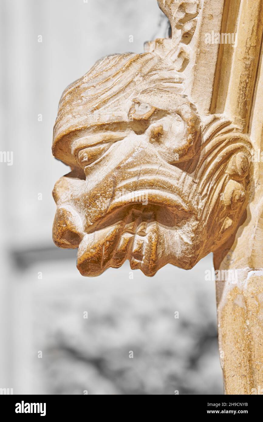 Carved stone head on the rood (choir) screen at the cathedral of Lincoln, England. Stock Photo