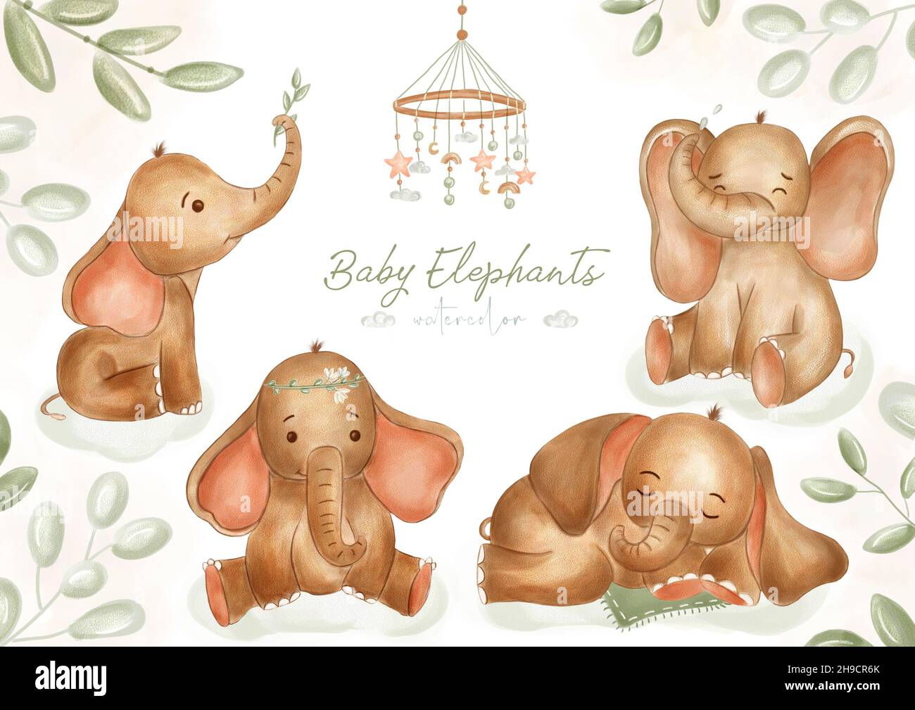 Set of watercolor elephants for nursery. Cute different elephants set