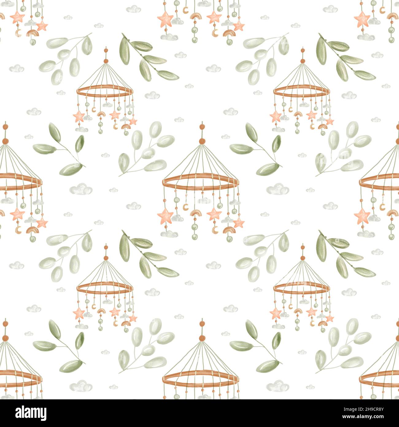 Watercolor elephants for nursery, seamless  pattern on white background. Cute baby elefants in boho style. Use for textile, nursery, wallpapers, wrapp Stock Photo