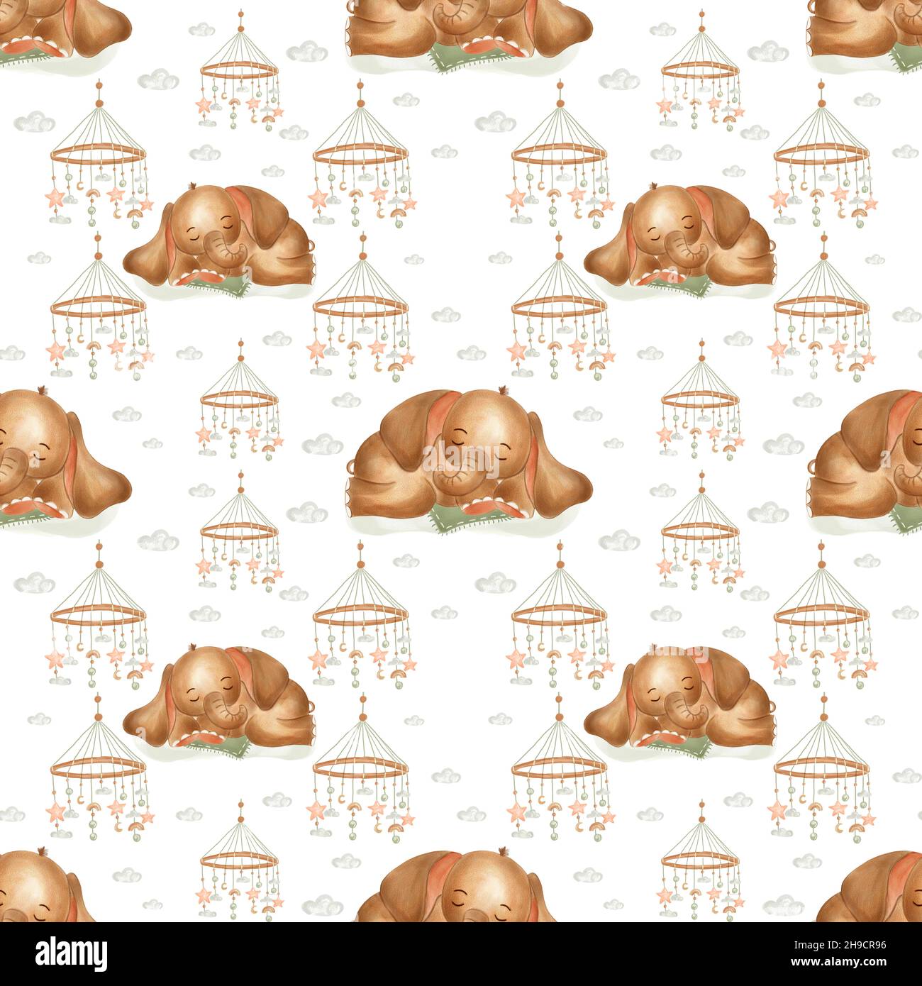 Watercolor elephants for nursery, seamless pattern on white background. Cute baby elefants in