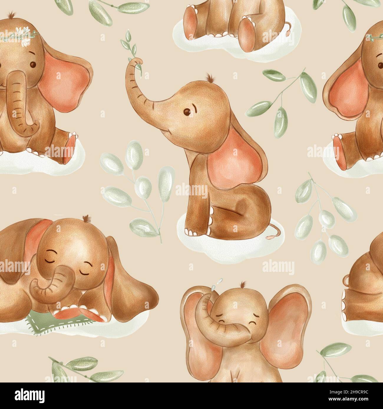 Watercolor elephants for nursery, seamless  pattern on pink background. Cute baby elefants in boho style. Use for textile, nursery, wallpapers. Stock Photo