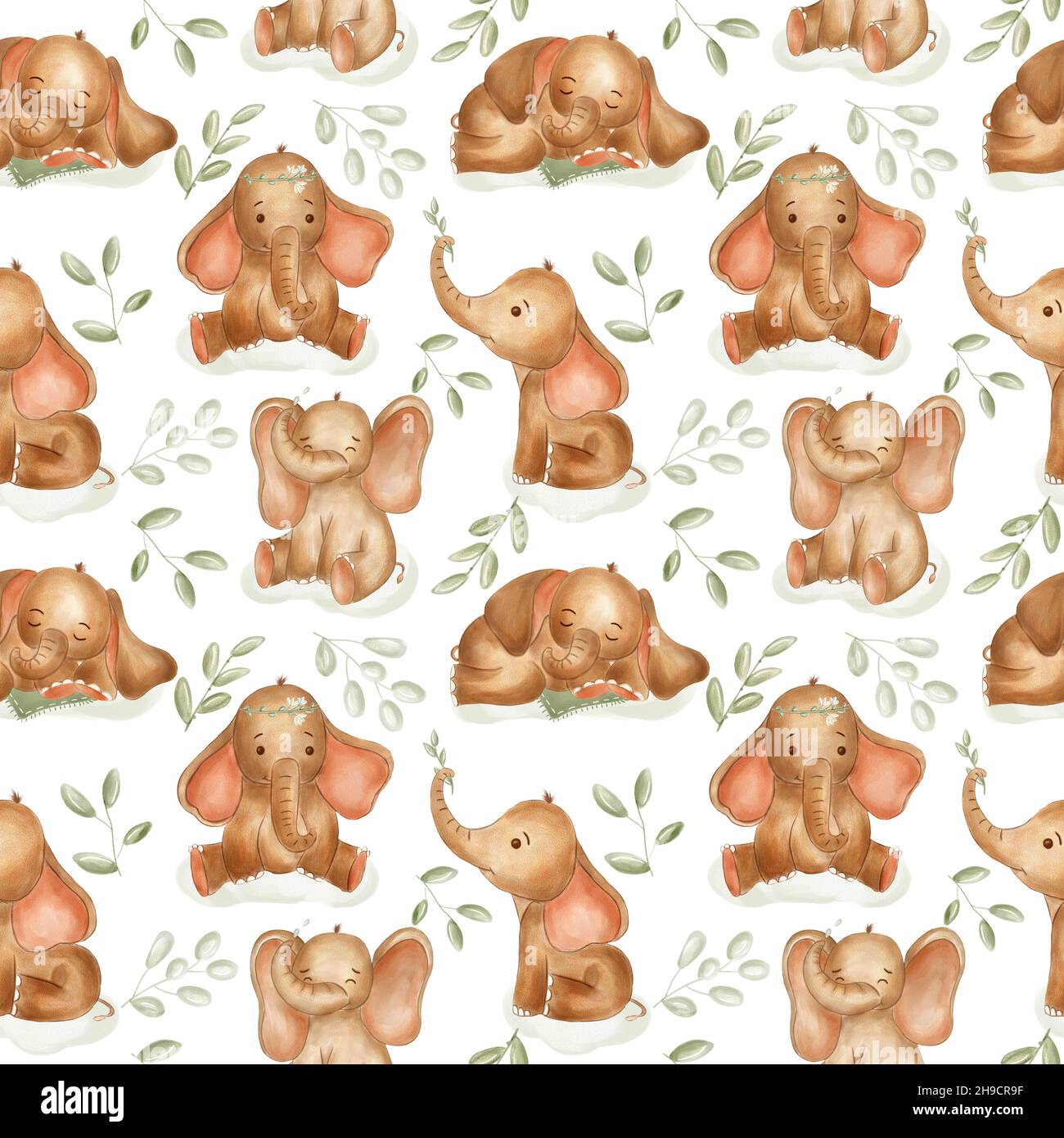 Watercolor elephants for nursery, seamless pattern on white background. Cute baby elefants in