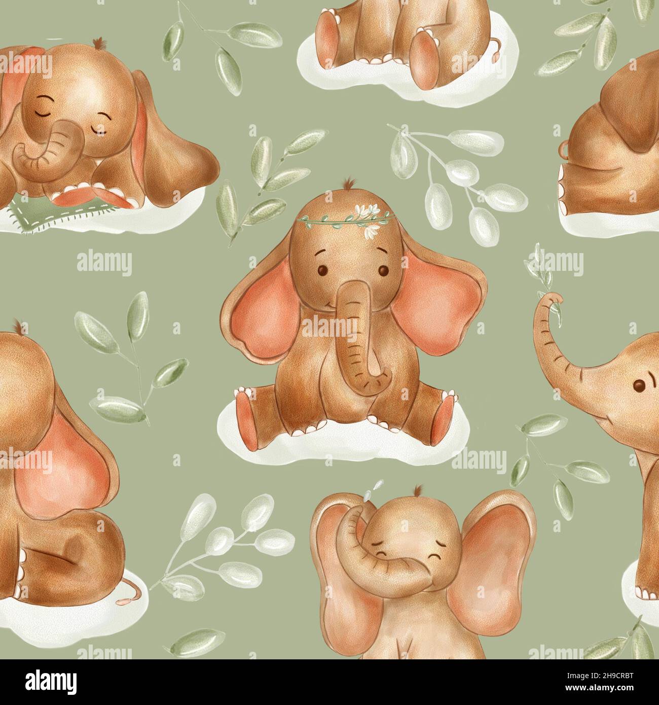 Watercolor elephants for nursery, seamless  pattern on ligth green background. Cute baby elefants in boho style. Use for textile, nursery, wallpapers Stock Photo