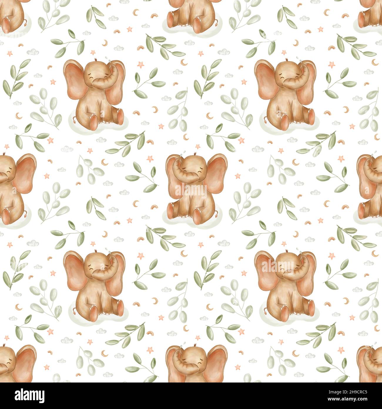 Watercolor elephants for nursery, seamless pattern on white background. Cute baby elefants in