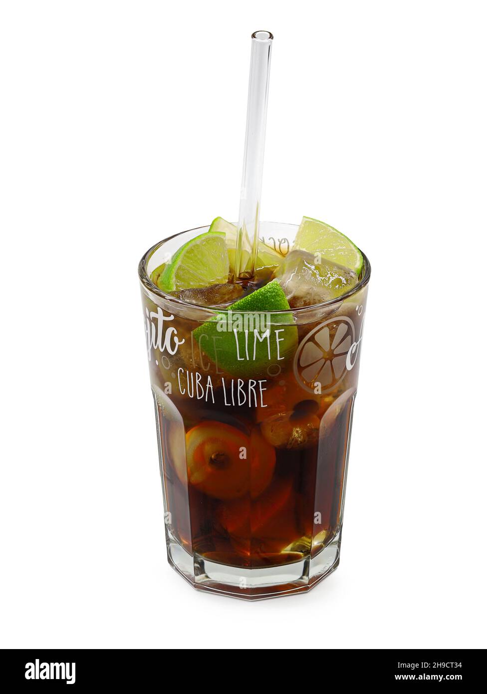 cuba libre cocktail drink with glass straw isolated on white background