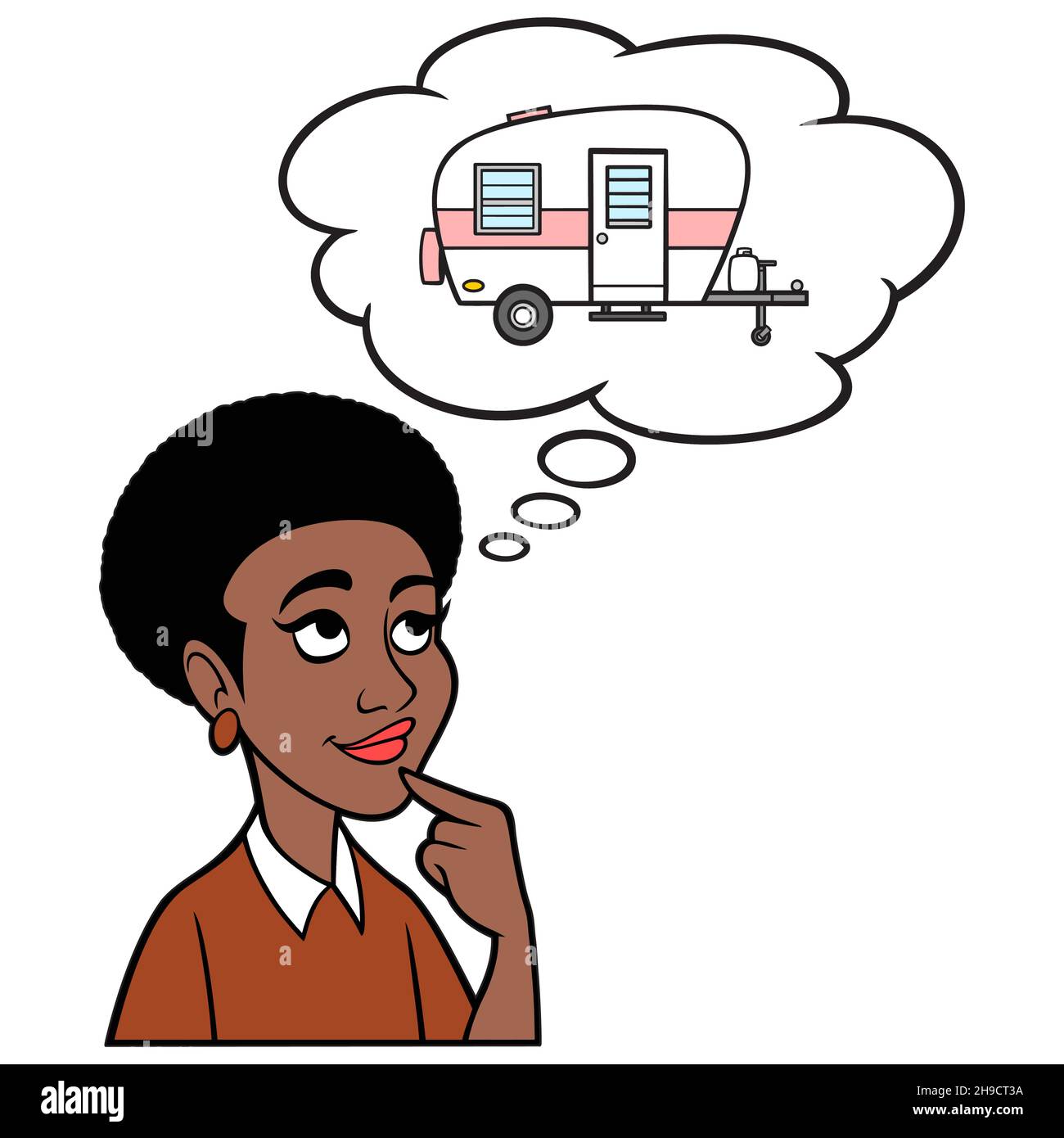 Black Woman thinking about a Camper - A cartoon illustration of a Black Woman thinking about going a Camping vacation. Stock Vector