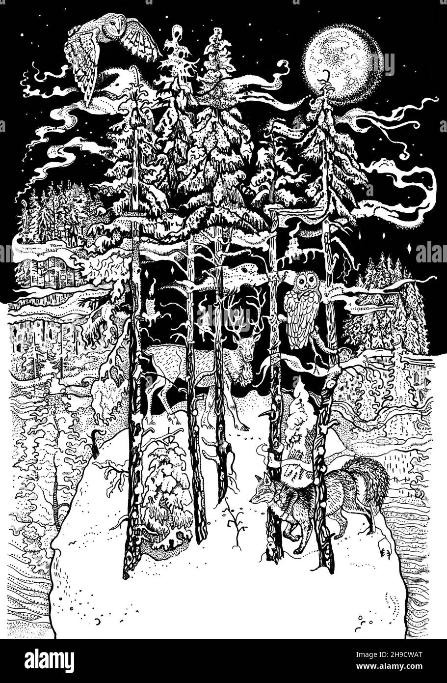 Magic winter forest. Spruce, fir tree, snow, moon, animals : owl, deer, fox. Northern fairy tale. Hand drawn ink illustration. Christmas, New Year gre Stock Photo