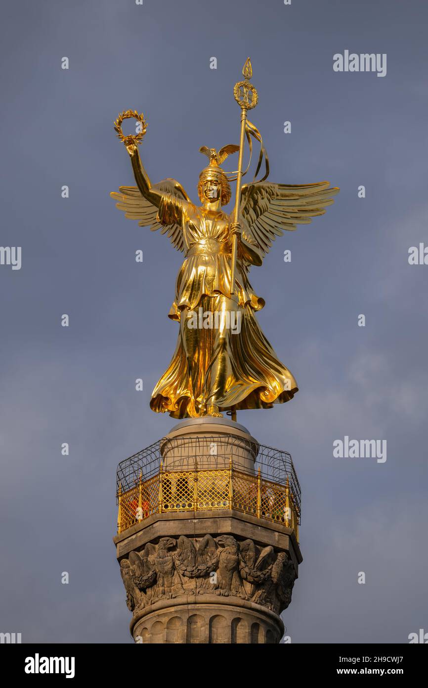 Victory Column in city of Berlin, Germany. Gilded statue of Victoria