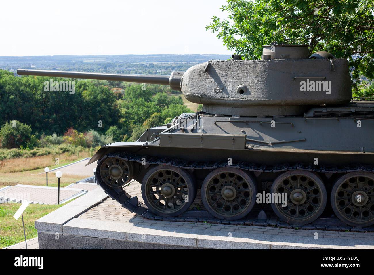 soviet tank from the second world war T-34-85. Medium tank in open air museum. Marshal Konev Height. Old military vehicle. Kharkiv, Ukraine - August 2 Stock Photo