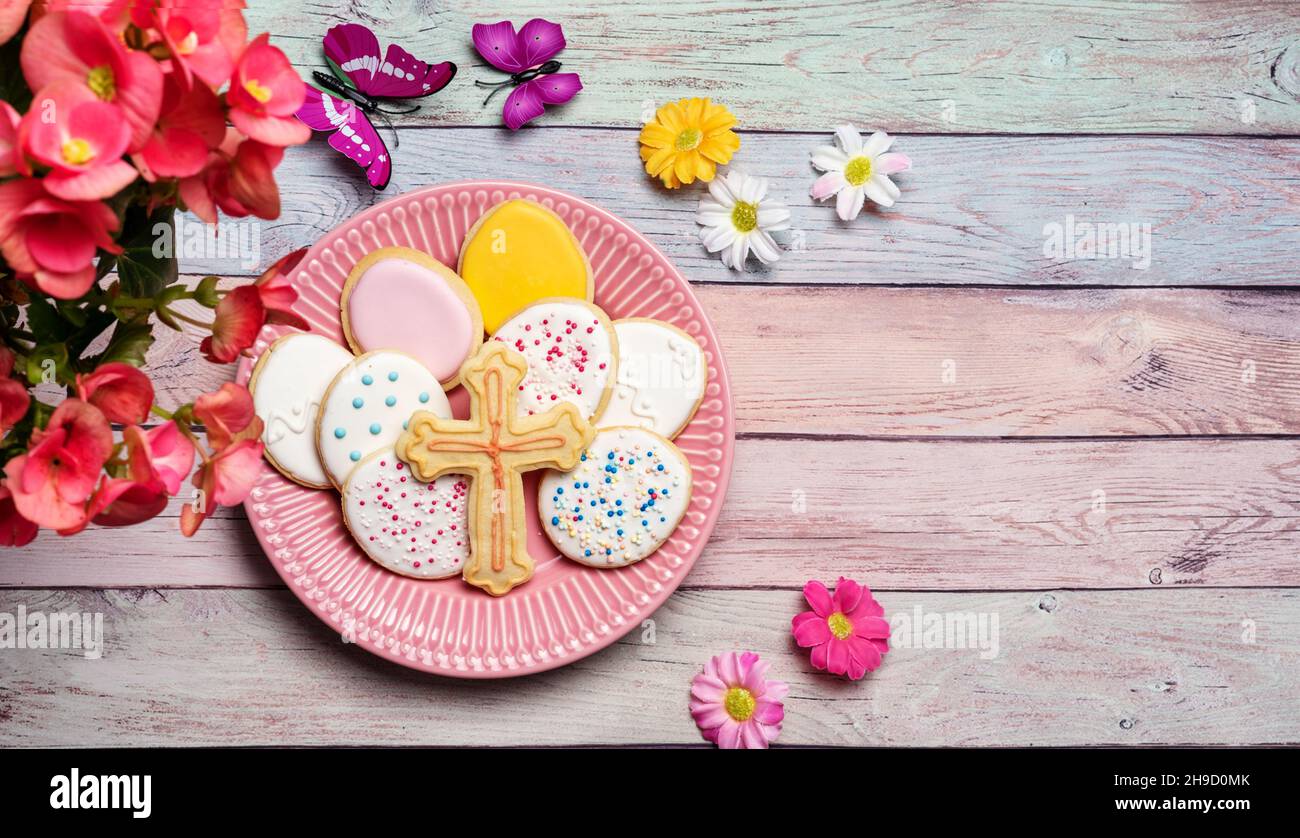 Easter sugar cookies on pink Stock Photo